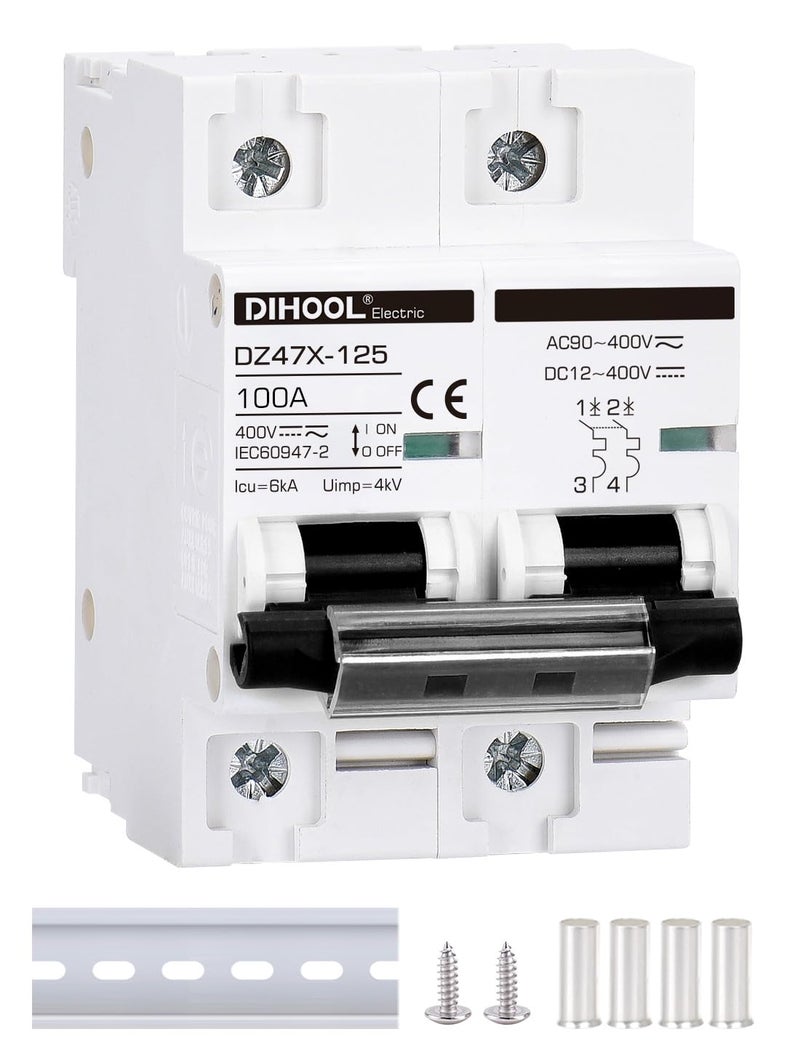 DIHOOL مفتاح فصل الطاقة الشمسية، 100 أمبير 2 قطب، تركيب على سكة DIN، غير قطبي، 12V 24V 48V 400V، قاطع دائرة AC/DC، عازل بطارية RV، MCB لمصفوفة الطاقة الشمسية، فصل حراري مغناطيسي - Image 1